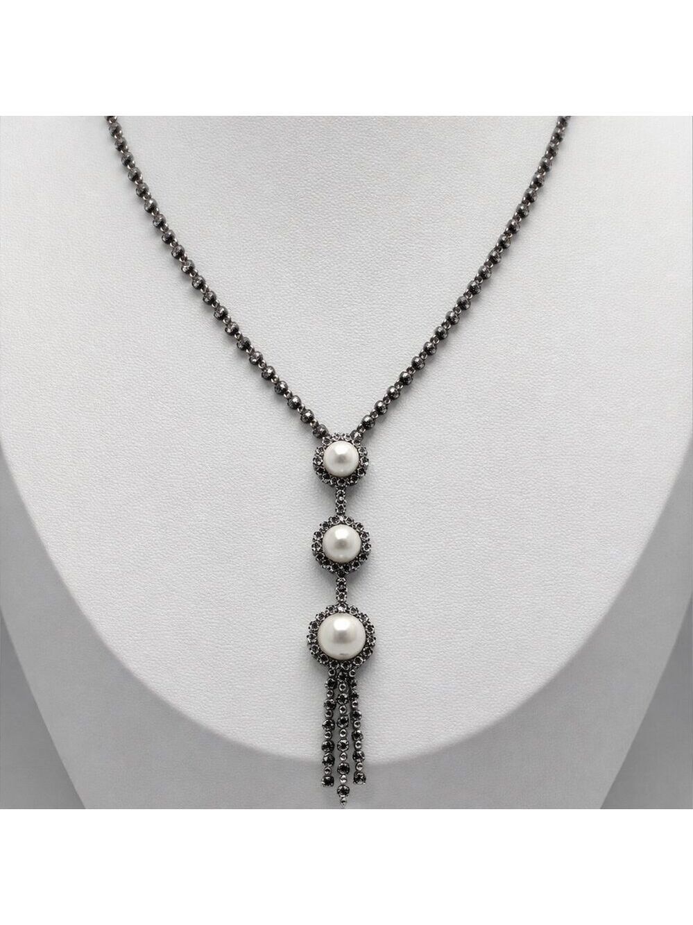 Vintage Rhinestones & Faux Pearl Tassel Drop Necklace Silver Tone 17''